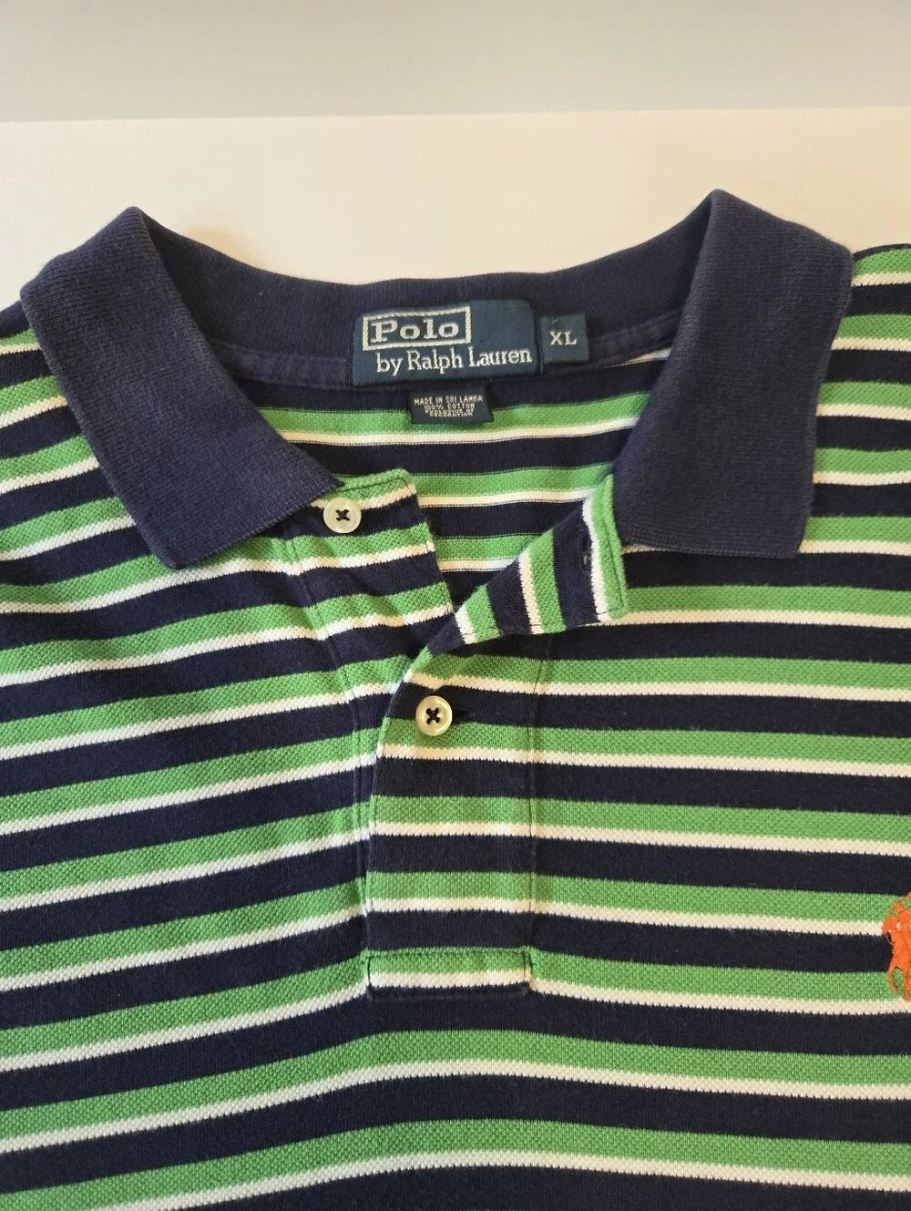 Vintage Polo Green & Navy w/ Orange Logo Striped Men's XL Polo Shirt